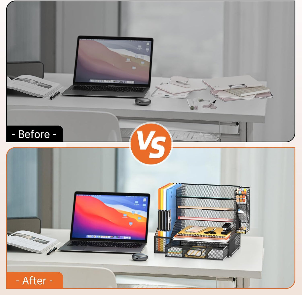 5-tier desk organizer with file holder & pen on a desk or shelf