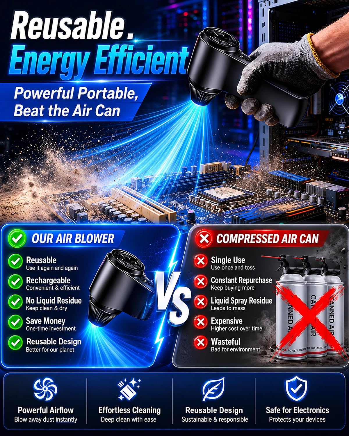 Compressed Air Duster, 180000RPM Rechargeable Cordless Electric Blower