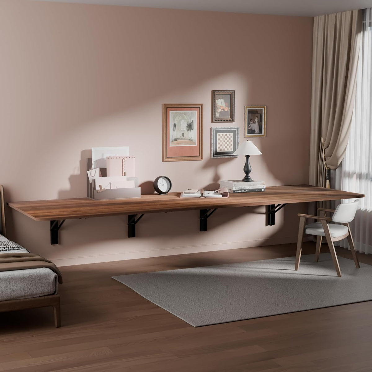 IAE 72x22in Floating Fold Desk,Wall-Mounted Folding Computer Table,Walnut