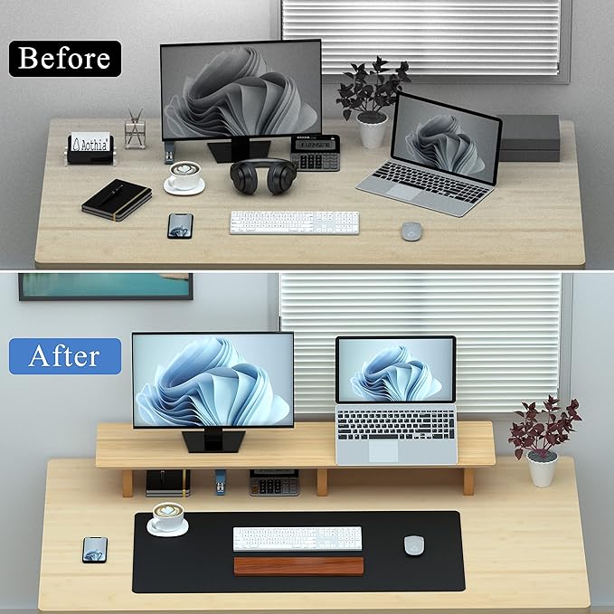 Aothia Large Dual Monitor Stand Riser, Solid Wood Desk Shelf - Image 6