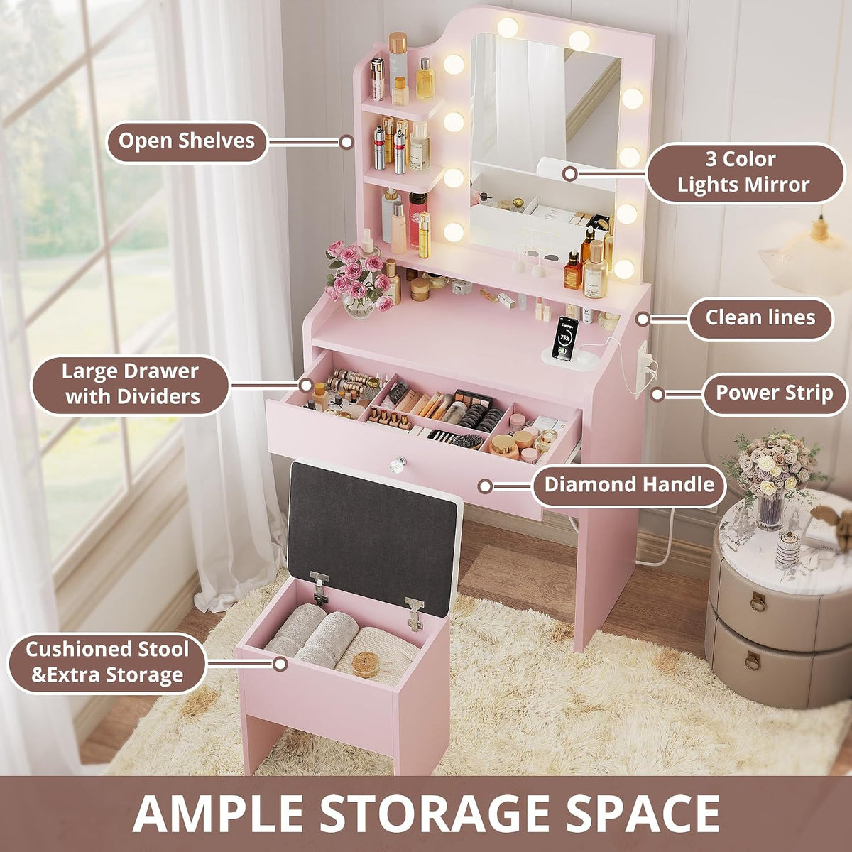 LIKIMIO Small Vanity Desk with Mirror Lights and Storage Stool, Pink