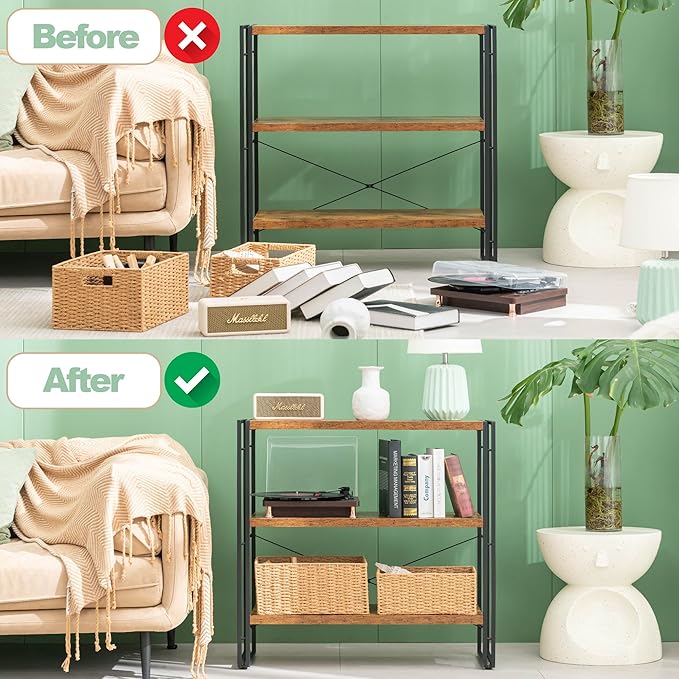 HCHQHS Bookshelf, 3-Tier Industrial Bookcase, Rustic Open Book Shelf, - Image 4