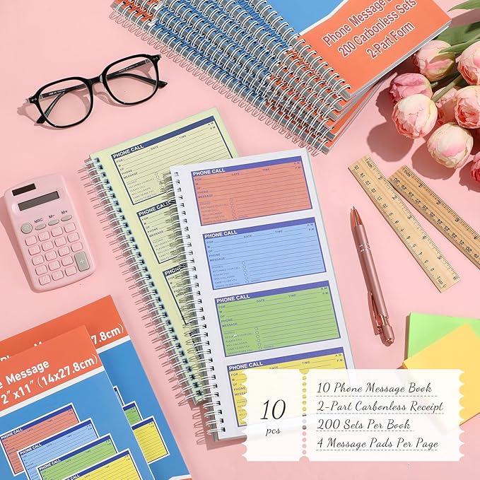 Fullhawl 10 Pcs Spiral Bound Phone Message Book 5-1/2" x 11" 2 Part Colorful - Image 2