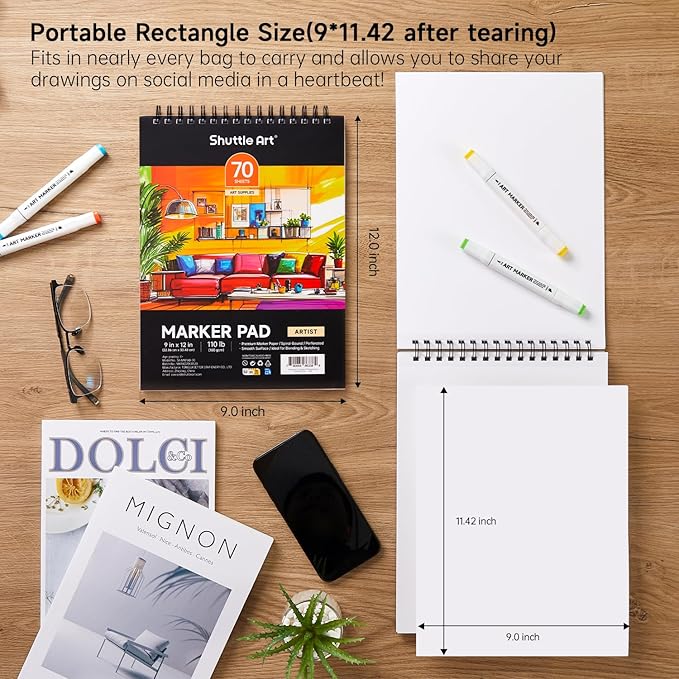 Shuttle Art Marker Pad, 12”x9” Portable Sketchbook, 70 Sheets Marker Drawing - Image 4