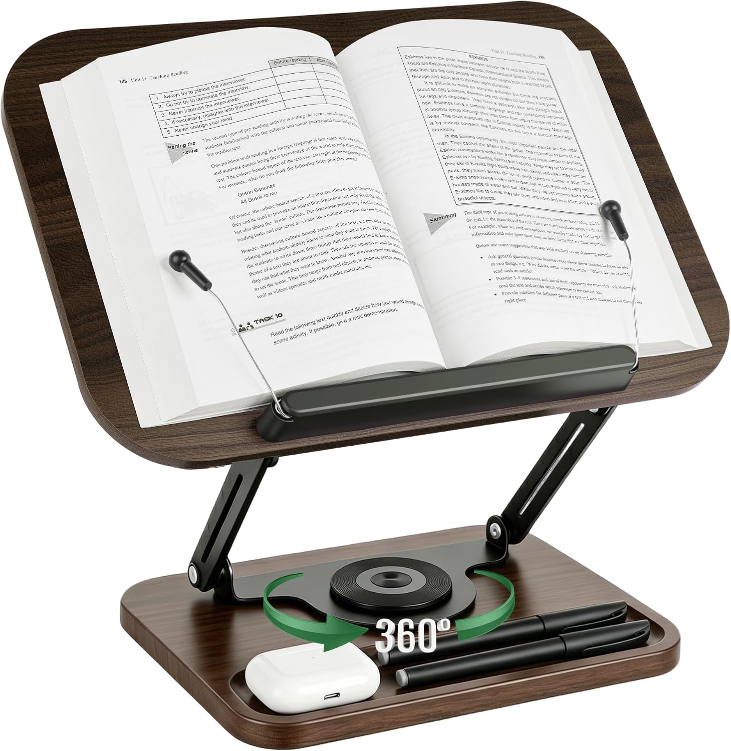 Book Stand for Reading, 360° Rotating Book Holder for Desk, Heavy Duty Bible Stand with Page Clips, Adjustable Height for Thick Textbooks, Cookbooks, Music Book