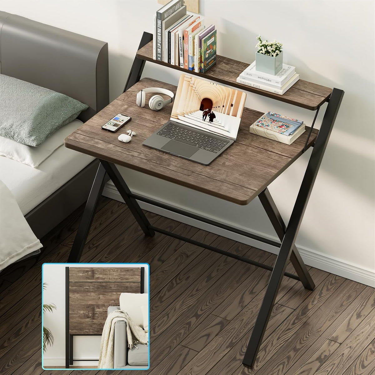 GreenForest No Assembly Folding Desk, 2-Tier Compact Computer Desk with Shelf...