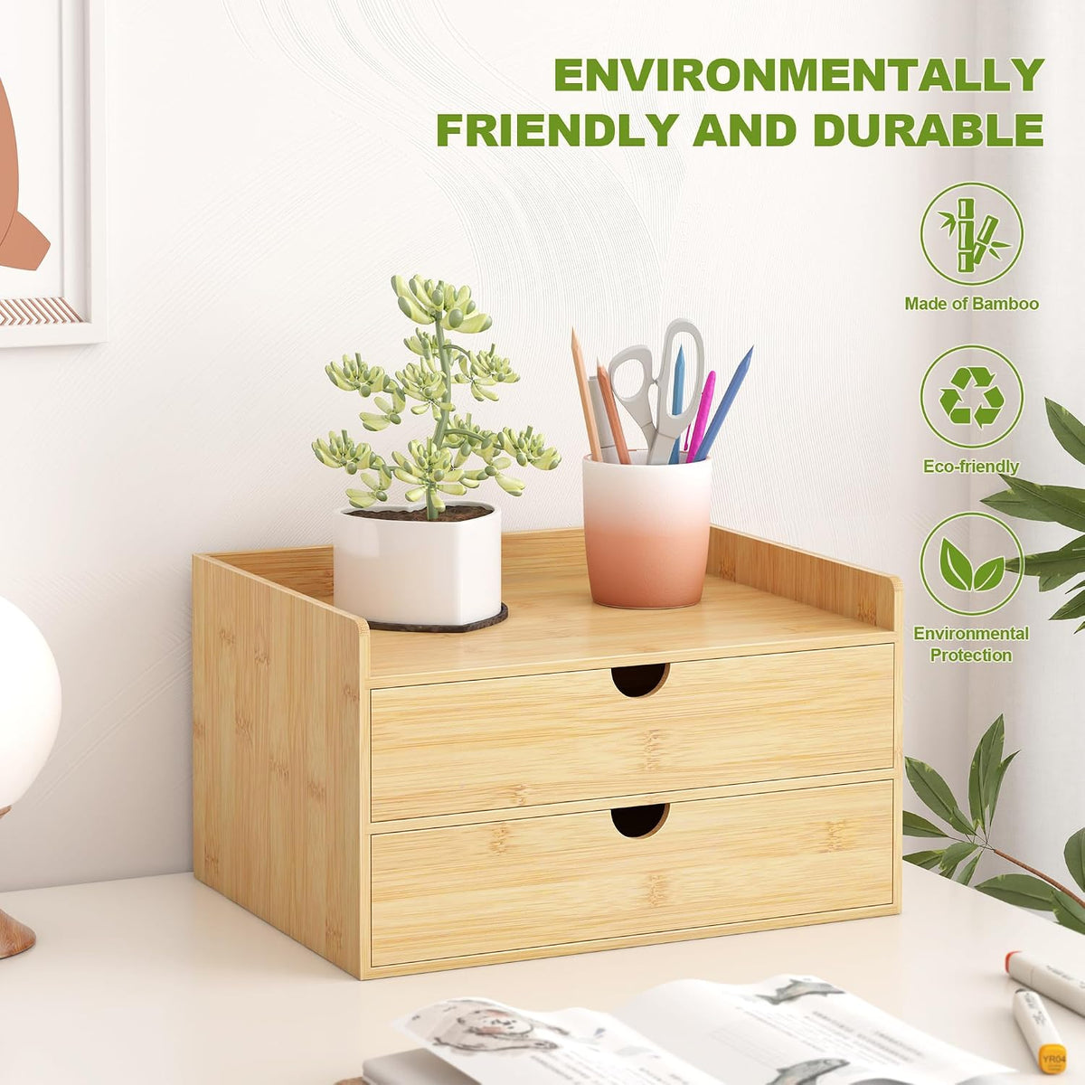 Bamboo Desk Drawer Organizer, Large Desktop Organizer with Drawers Tabletop S...