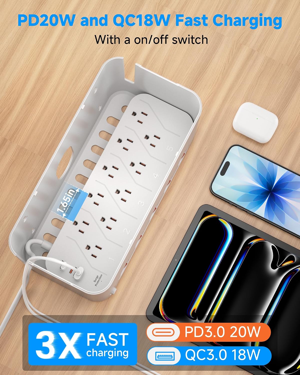 Power Strip with Cable Management Box, Large Cord Organizer Box,White