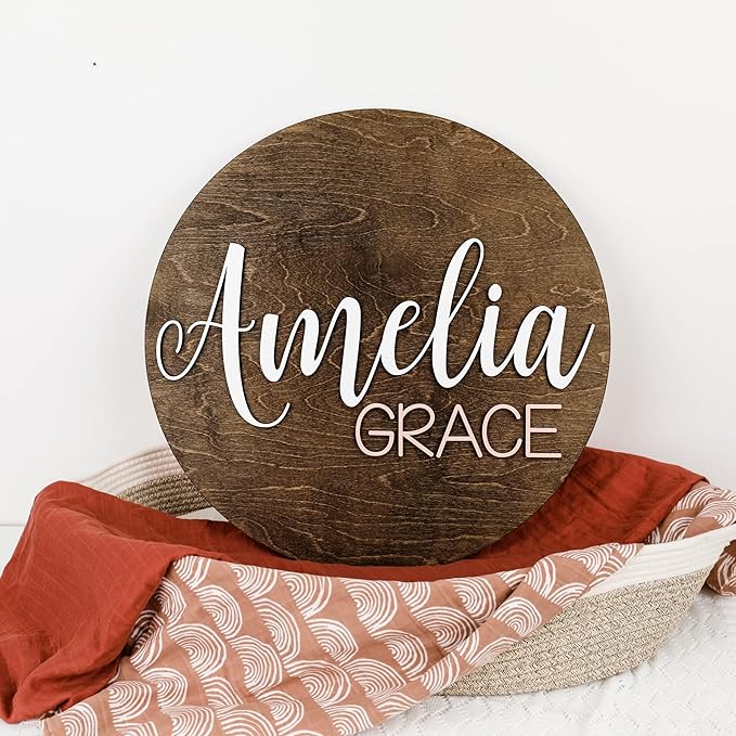 Custom Round Nursery Name Sign, Personalized Wooden Wall Plaque, Baby Shower - Image 3