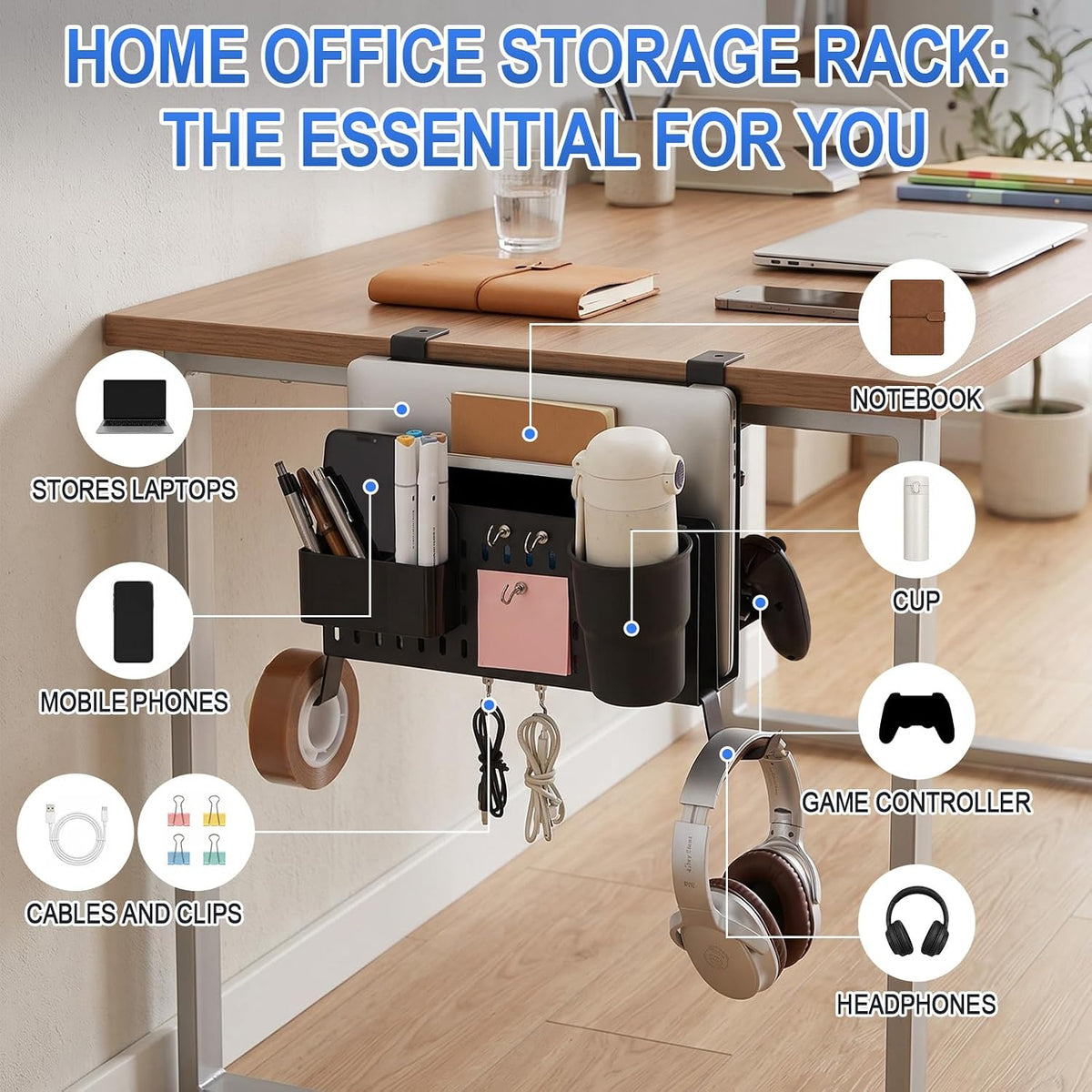 Desk Side Storage Organizer Set Fits Edge 0.2-2.2",Double,Black
