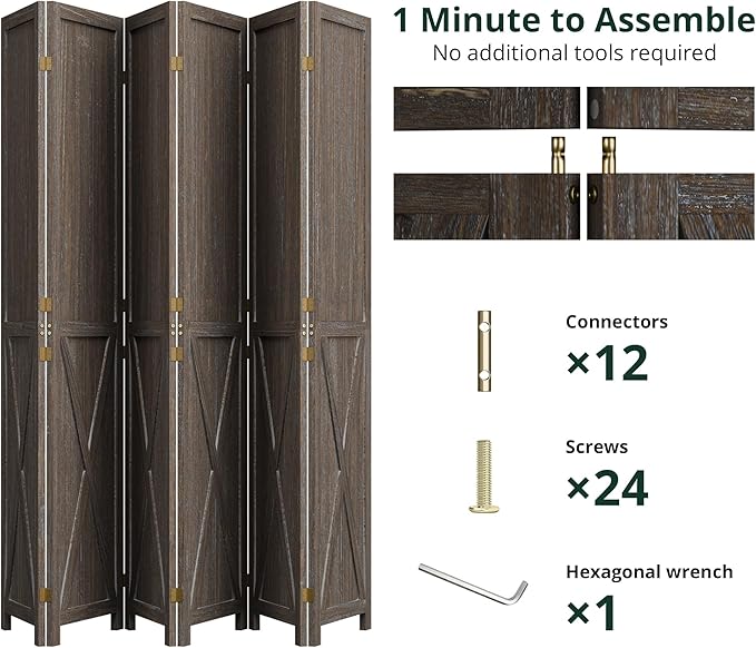 Cozy Castle Wood Room Divider, 6 Panels Folding Privacy Screen, 66.9'' Wall - Image 4