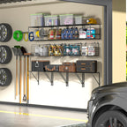 threehio garage shelf wall mounted with wire baskets on a desk or shelf