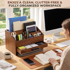 wooden desk organizer with 7 compartments and drawer on a desk or shelf