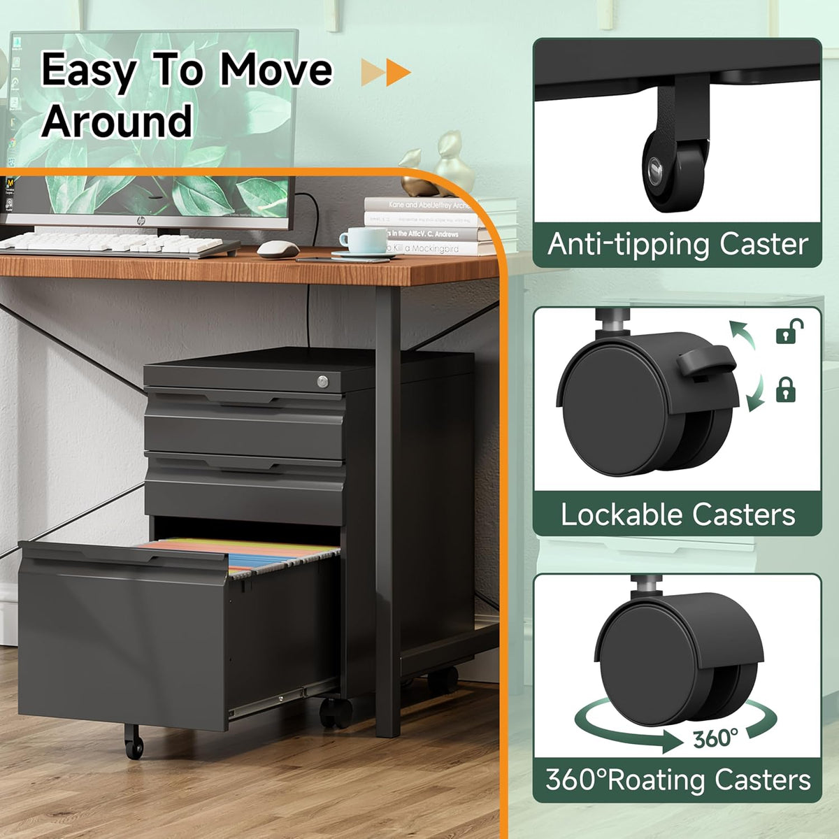 Mobile File Cabinet with Lock,3 Drawer Under Desk Metal Rolling Filing Cabine...