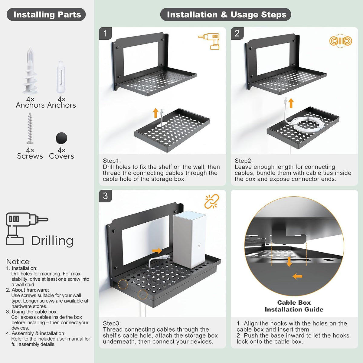 VICSKY 14-inch Wall Mount Router and Modem Shelf with Cable Management