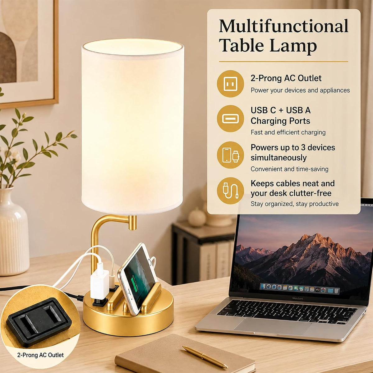 dreamholder touch control usb table lamp with usb, close-up detail