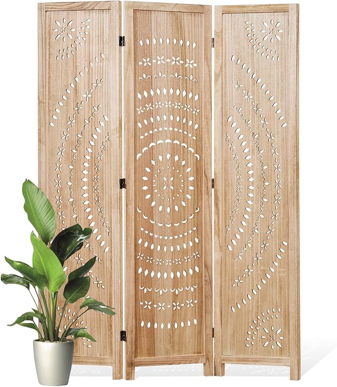 66.9Inch Folding Room Divider, 3 Panels Wood Carved Privacy Screens, Free by Svimi