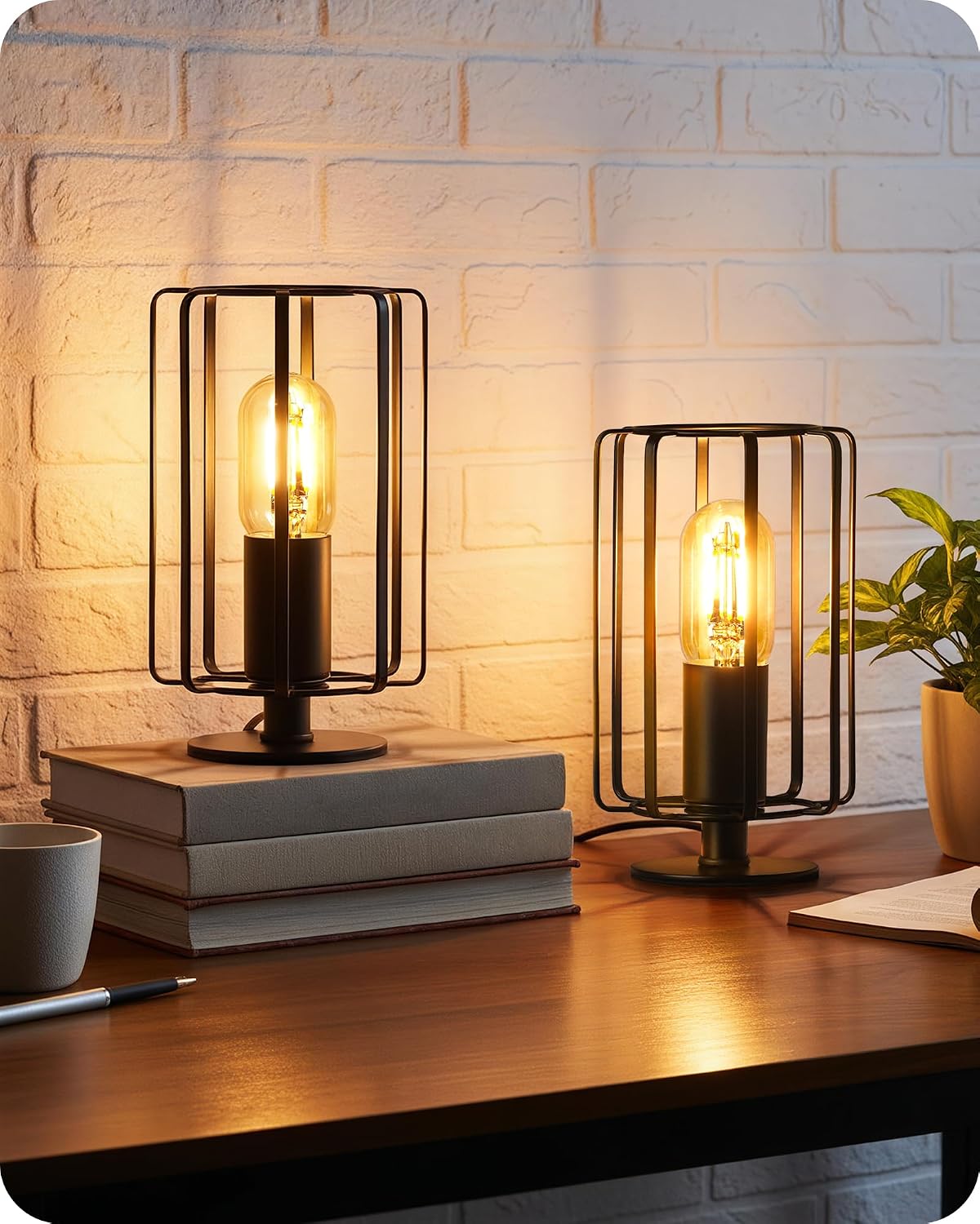 Industrial Table Lamp Set of 2, Small Bedside Lamp with Dimmable 2400K Warm L...