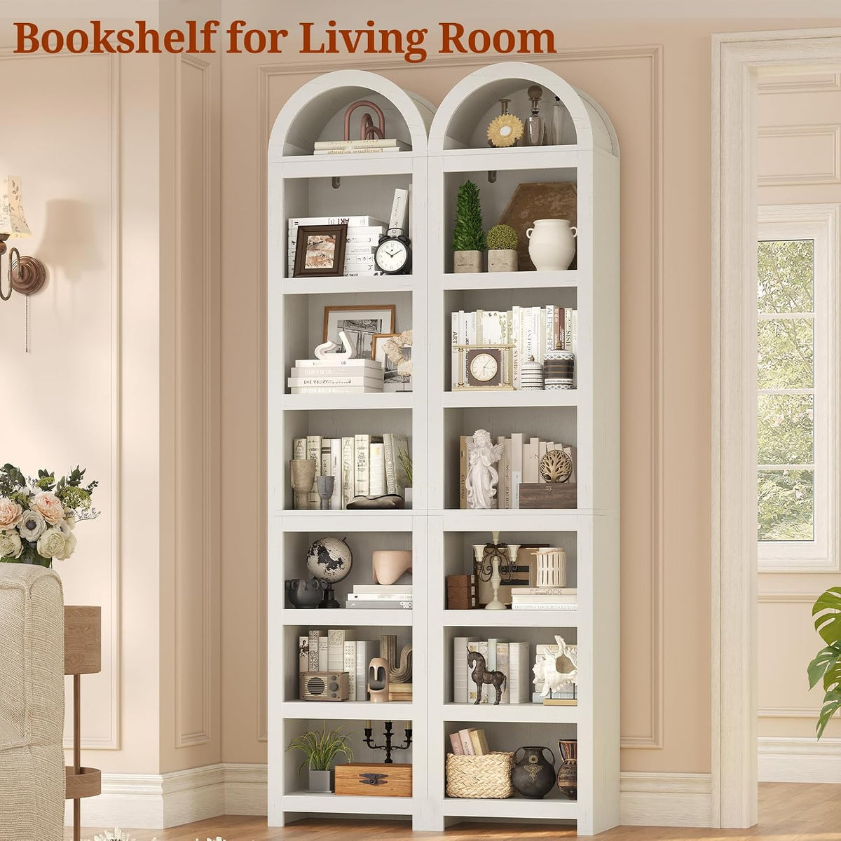 uposoja 76" tall narrow arched bookcase,7-teir mid-century modern on a desk or shelf