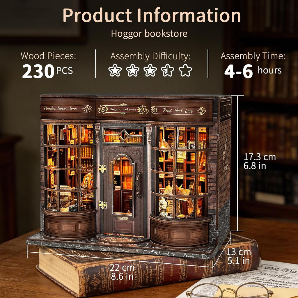 BELEEV Book Nook Kit for Adult and Teens,3D Wooden Puzzle(Hoggor Bookstore) | DIY Miniature Dollhouse Kit with LED Light, Openable Door Booknook Bookshelf Decor Craft, Birthday Gifts for Women Teens
