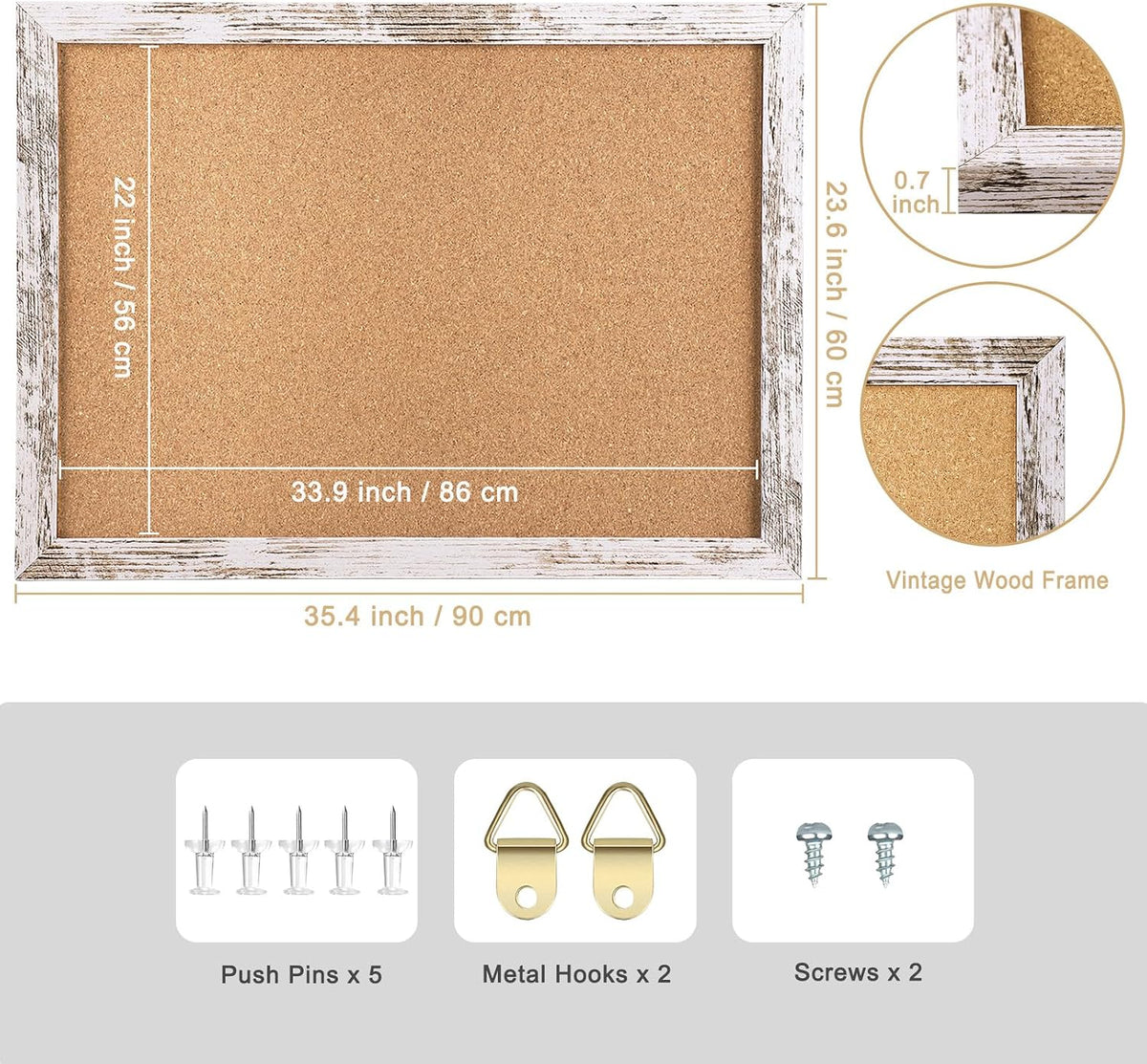 Cork Board Bulletin Board, 35.4x23.6 inches Decorative Hanging Framed Cork Bo...