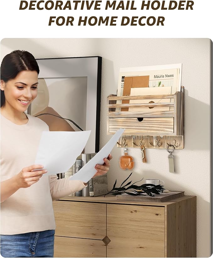 Rebee Vision Farmhouse Mail Organizer Wall Mount – Decorative Key and Mail - Image 2