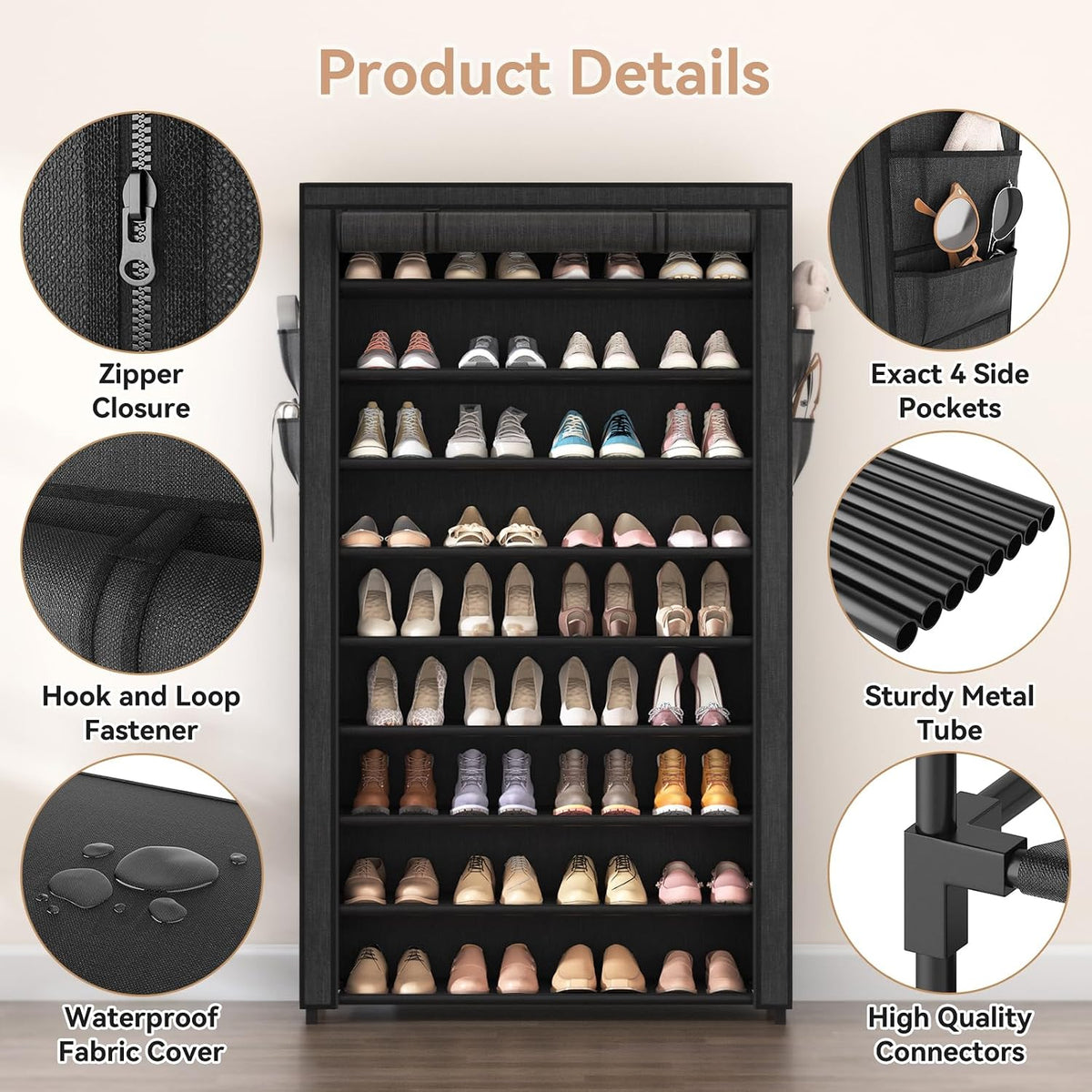 lanteful shoe rack with covers - 10 tiers, side view