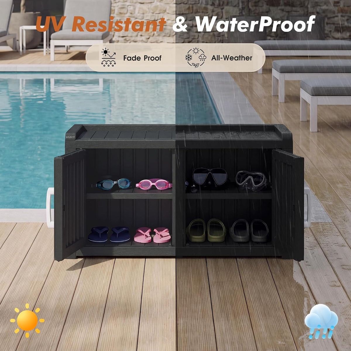 2-Tier Storage Bench, Waterproof UV-Resistant Outdoor Shoe Storage Cabinet wi...