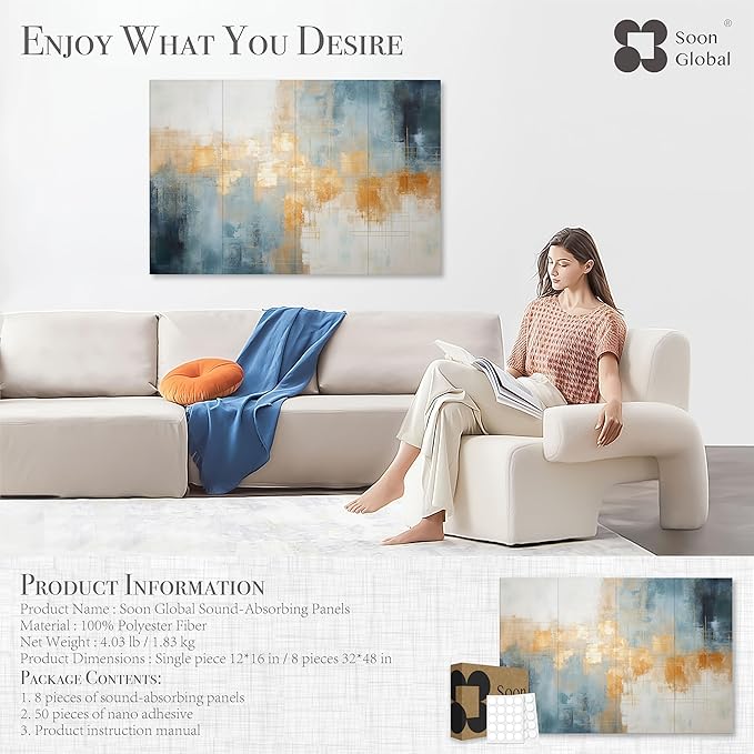 Soon Global 8-Pack Acoustical Wall Panels, 48 X 32 Inches Art Acoustic Panels - Image 4