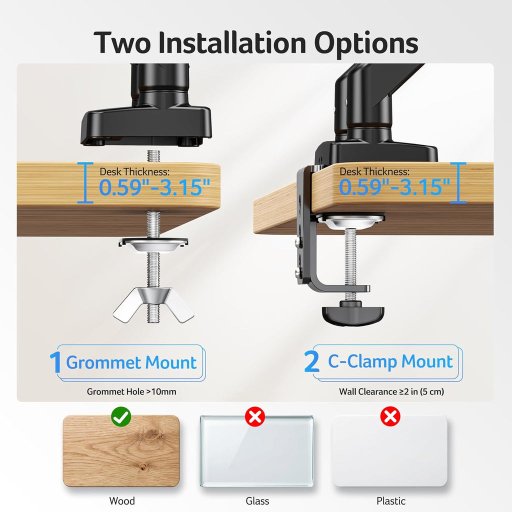 acer dual monitor arm, gas spring vesa mount showing dimensions
