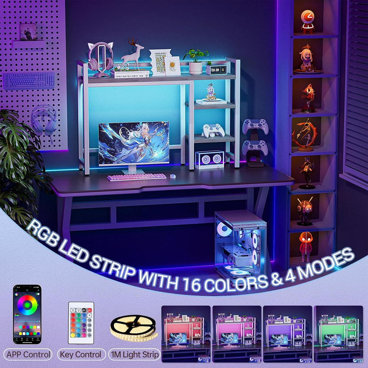 Desk Hutch with Colorful RGB Lights, 4 Tier Desktop Shelf for Max 28" Co...