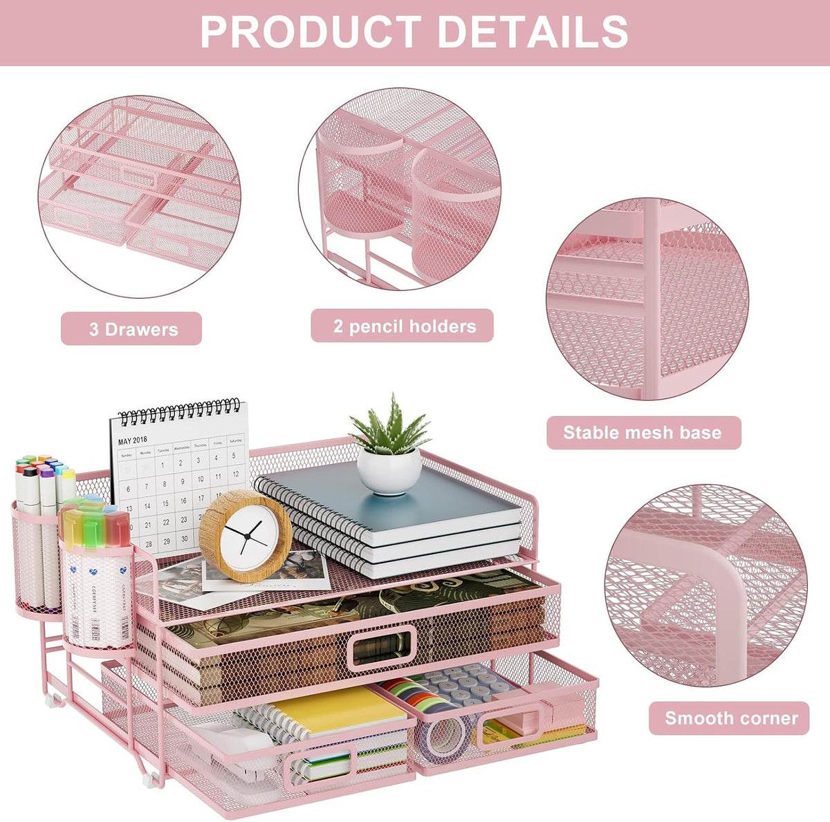 Marbrasse 3 Tier Mesh Desk Organizer with Drawer, Multi-Functional Desk Organ...