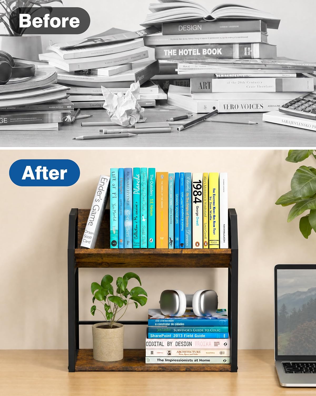 Desktop Bookshelf, Wooden Desk Shelf Organizer, Brown