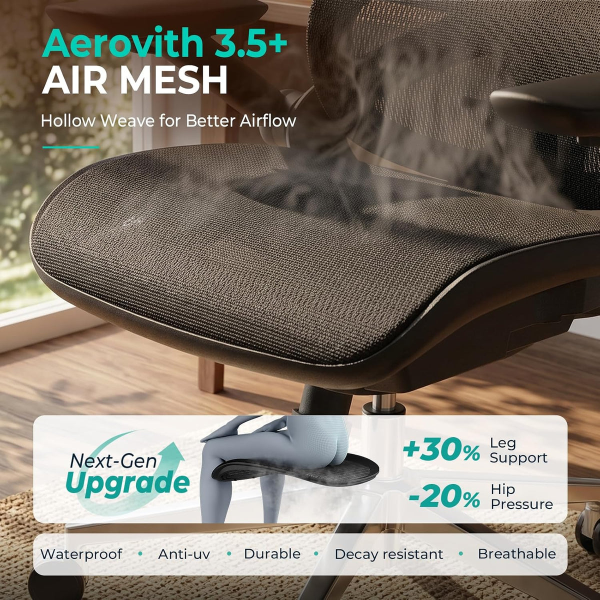 capot ergonomic mesh office chair, adjustable lumbar high on a desk or shelf