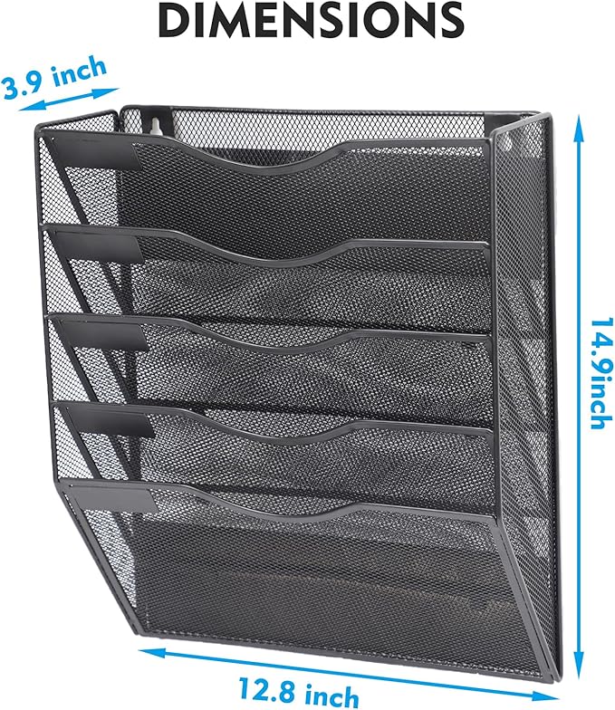 EASEPRES Magnetic 5 Pocket Mesh Hanging File Organizer, Wall Mounted Mail Paper - Image 3