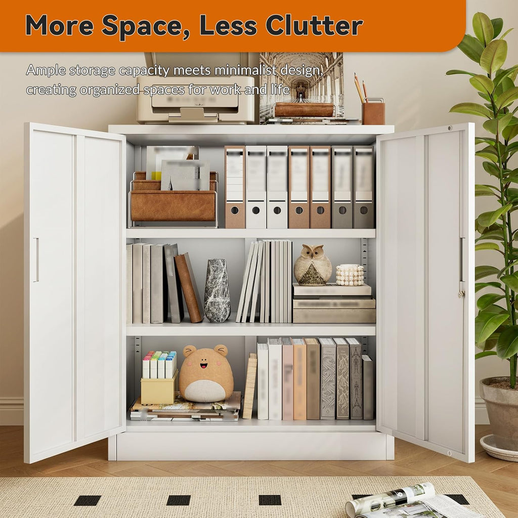 BESFUR Metal Storage Cabinet, Garage Storage Cabinet with 2 Adjustable Shelves, Locking Short Storage Cabinet for Office Garage Home, White Metal Cabinets (36" H x 31.5" W x 16" D)