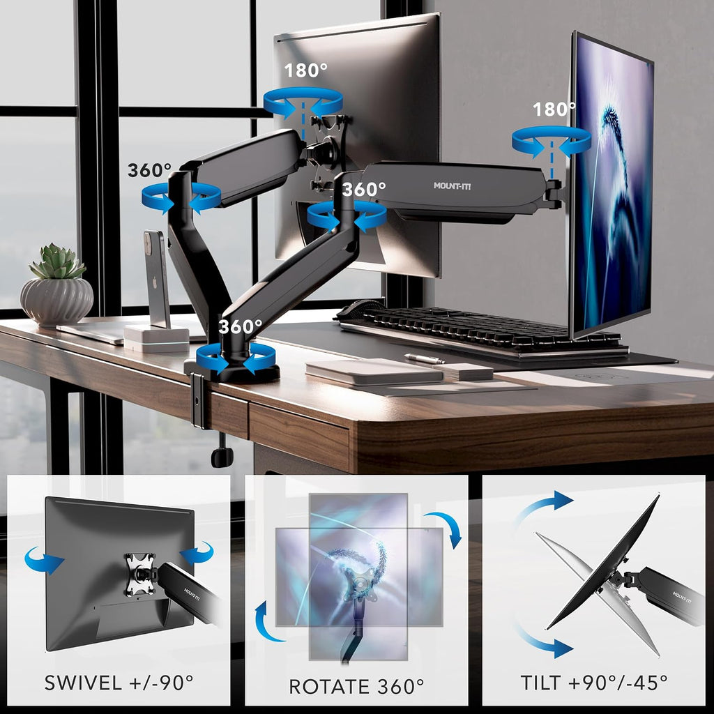 mount-it! dual monitor desk mount, 13-32", 17.6 lbs shown in use