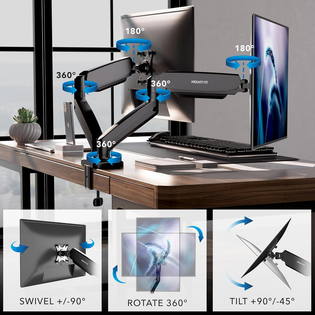 mount-it! dual monitor desk mount, 13-32", 17.6 lbs shown in use