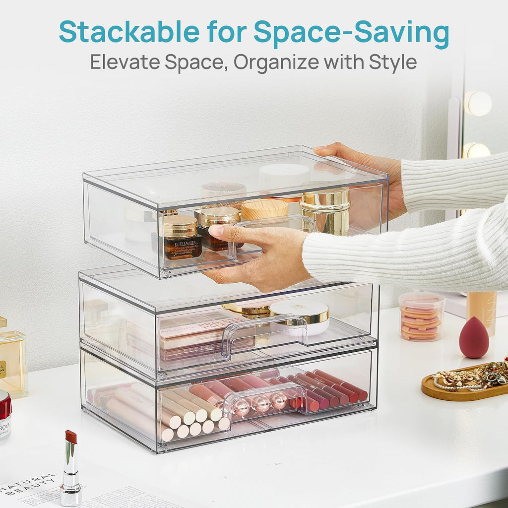 vtopmart clear stackable storage drawers, 2 pack wide on a desk or shelf