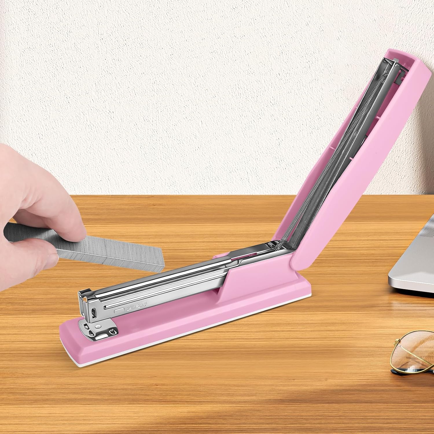 Stapler with 5000 Staples - 25 Sheet Capacity, Staplers for Desk, Pink | Non-Slip Office Stapler for classroom, home, School