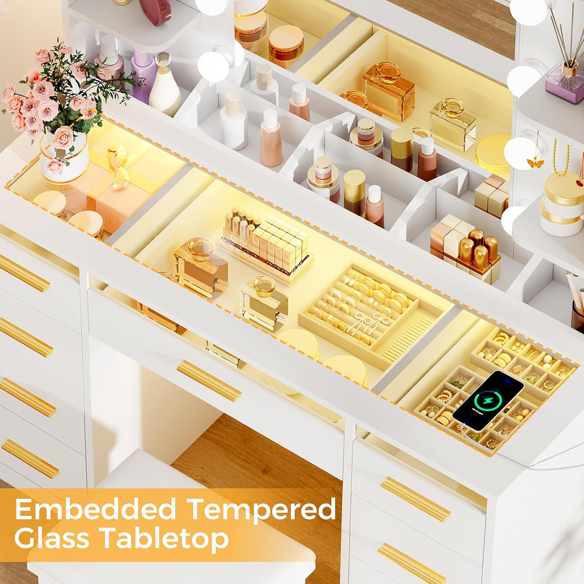 ANWBROAD Large Vanity Desk with Mirror and Lights & Transparent Glass Top