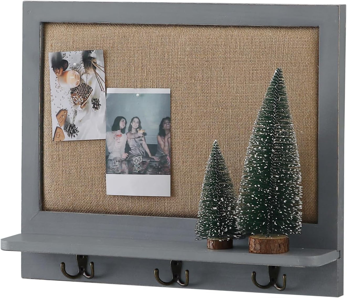 SOFE Linen Pin Board Grey Framed, Fabric Bulletin Board with Hooks