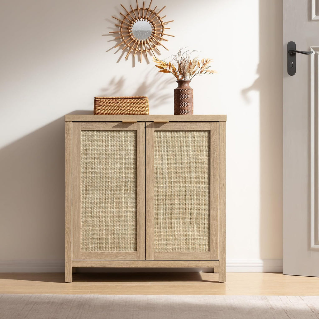 SICOTAS Sideboard Buffet Cabinet with Large Storage : Rattan Boho Credenza | Farmhouse Coffee Bar Storage Cabinet with Adjustable Shelves, Rattan Doors, Buffet Table for Kitchen Living Room Hallway