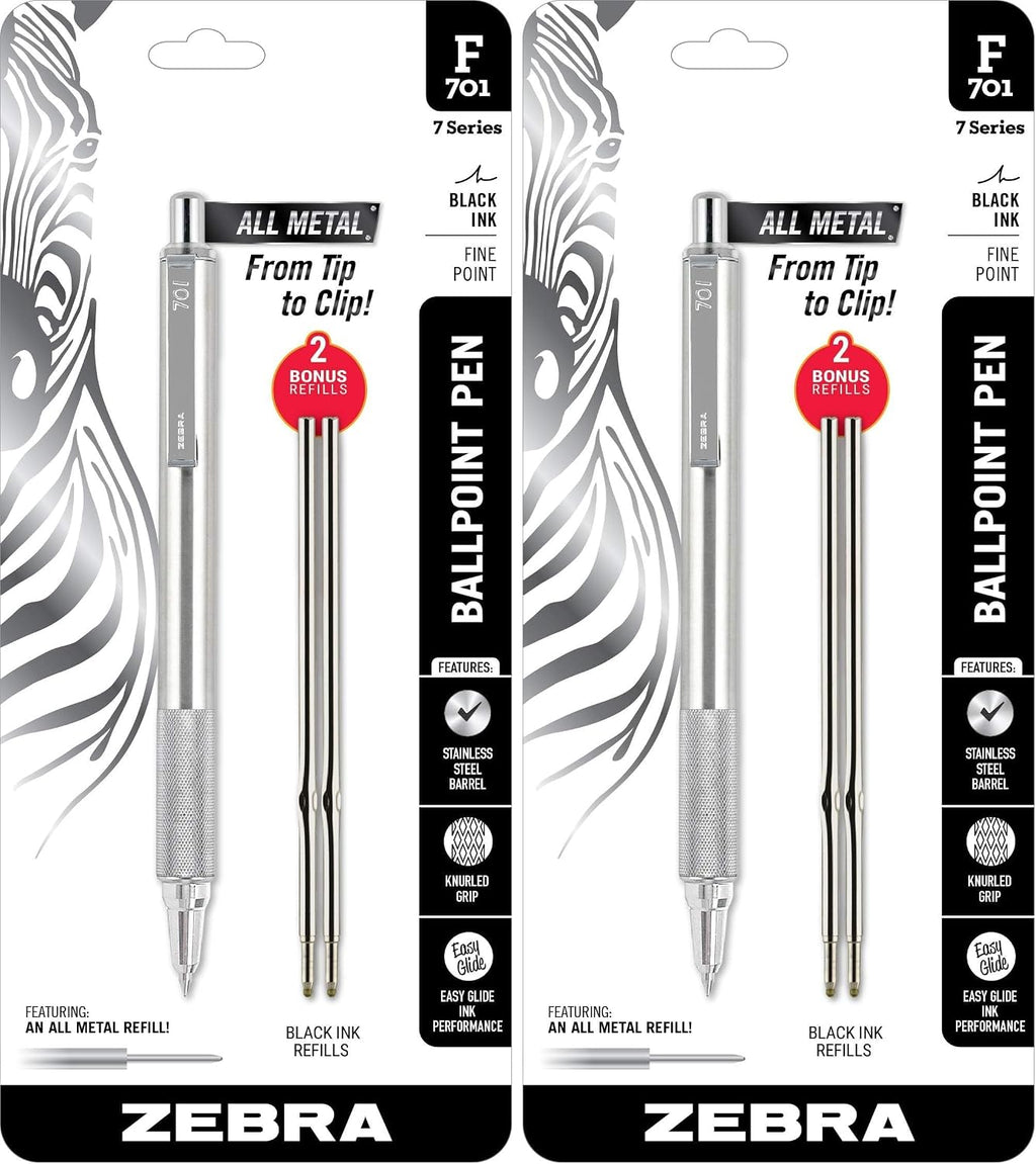 Zebra Pen F-701 Retractable Ballpoint Pen, 0.8mm Fine Point, Stainless Steel Barrel, Black Metal Pen with 2 Ink Refills (Pack of 2)