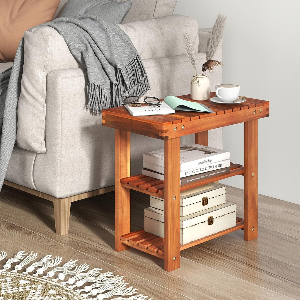 tangkula acacia wood 3-tier shoe rack bench, walnut, side view