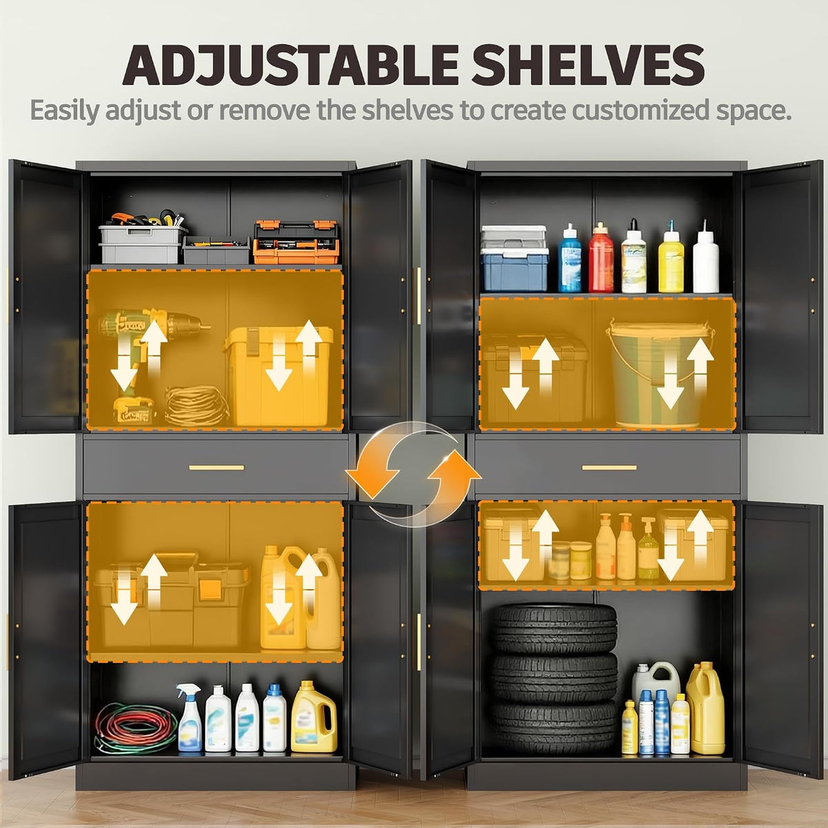 71" metal garage storage cabinet with 1 drawer,2 showing dimensions