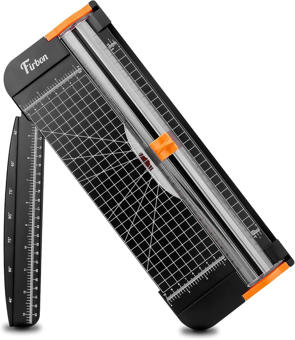 Firbon A4 Paper Cutter, 12 Inch Paper Trimmer with Extened Ruler, Black | 10 Sheet Capacity | CM & Inch Scale | Spring-Loaded Safe Blade | Cuts Cardstock, Vinyl, Coupons, Labels & Scrapbooking Craft
