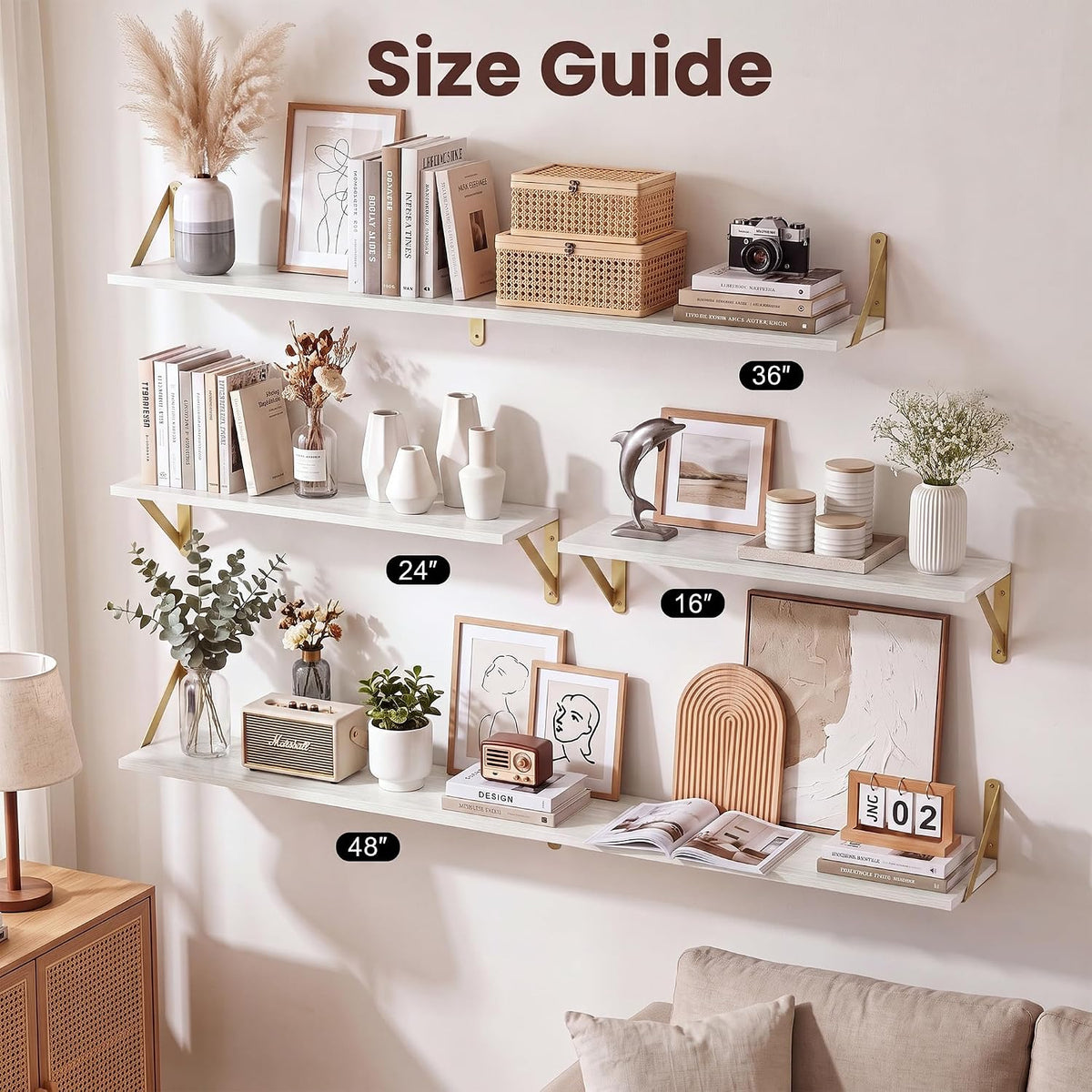 White Shelves for Wall 6 Inch Deep, 24x6 Set of 2, White&Gold