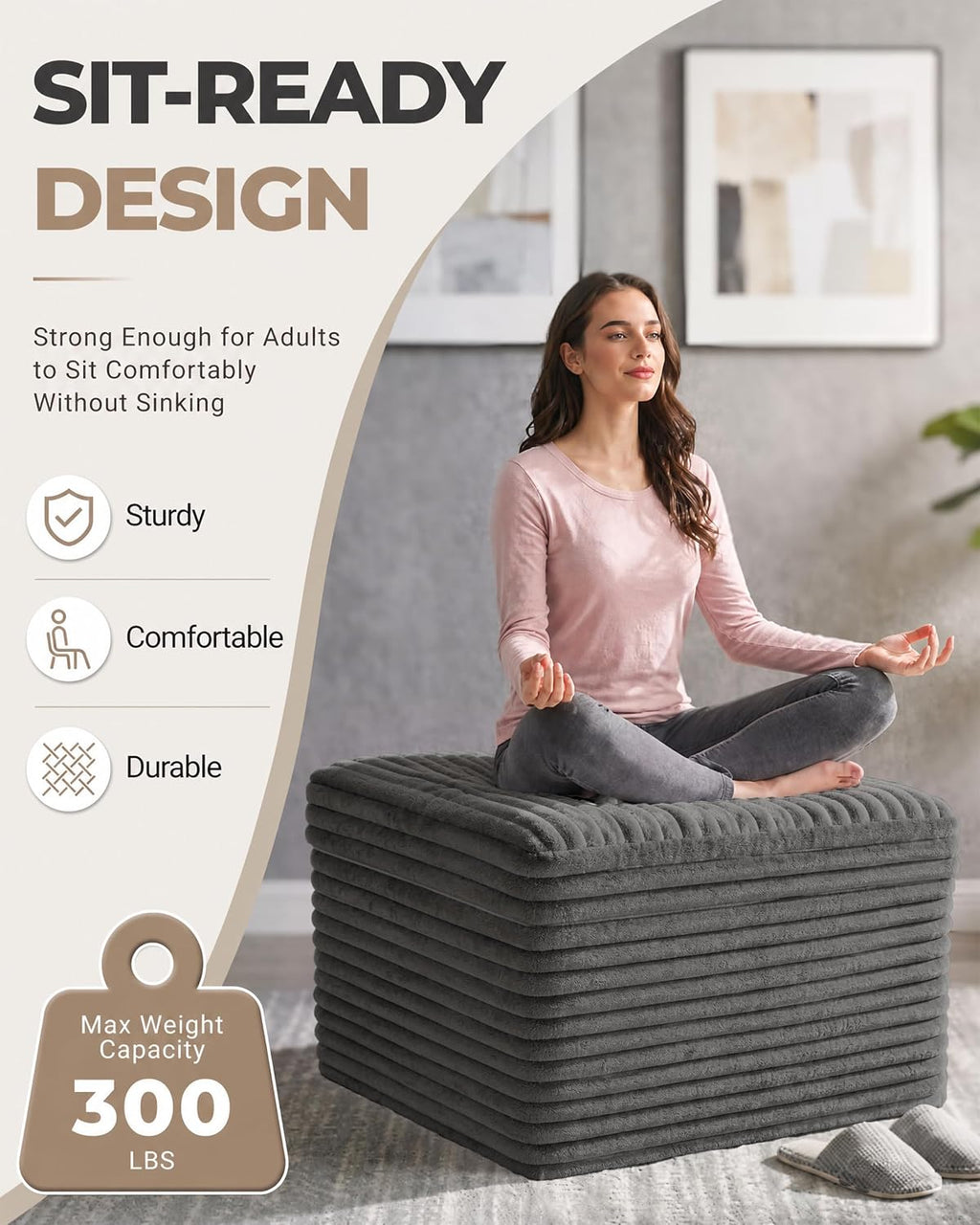 23.6in pouf ottoman, corduroy footstool foot rest floor, close-up detail