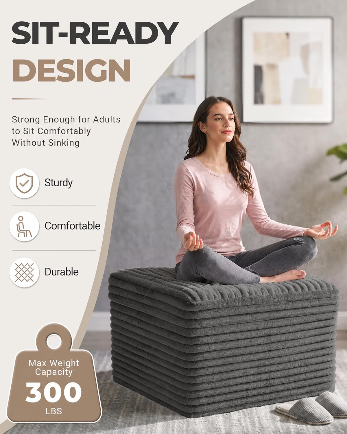 23.6in pouf ottoman, corduroy footstool foot rest floor, close-up detail